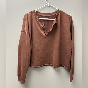 Aerie Brown Cropped Button Up Crewneck